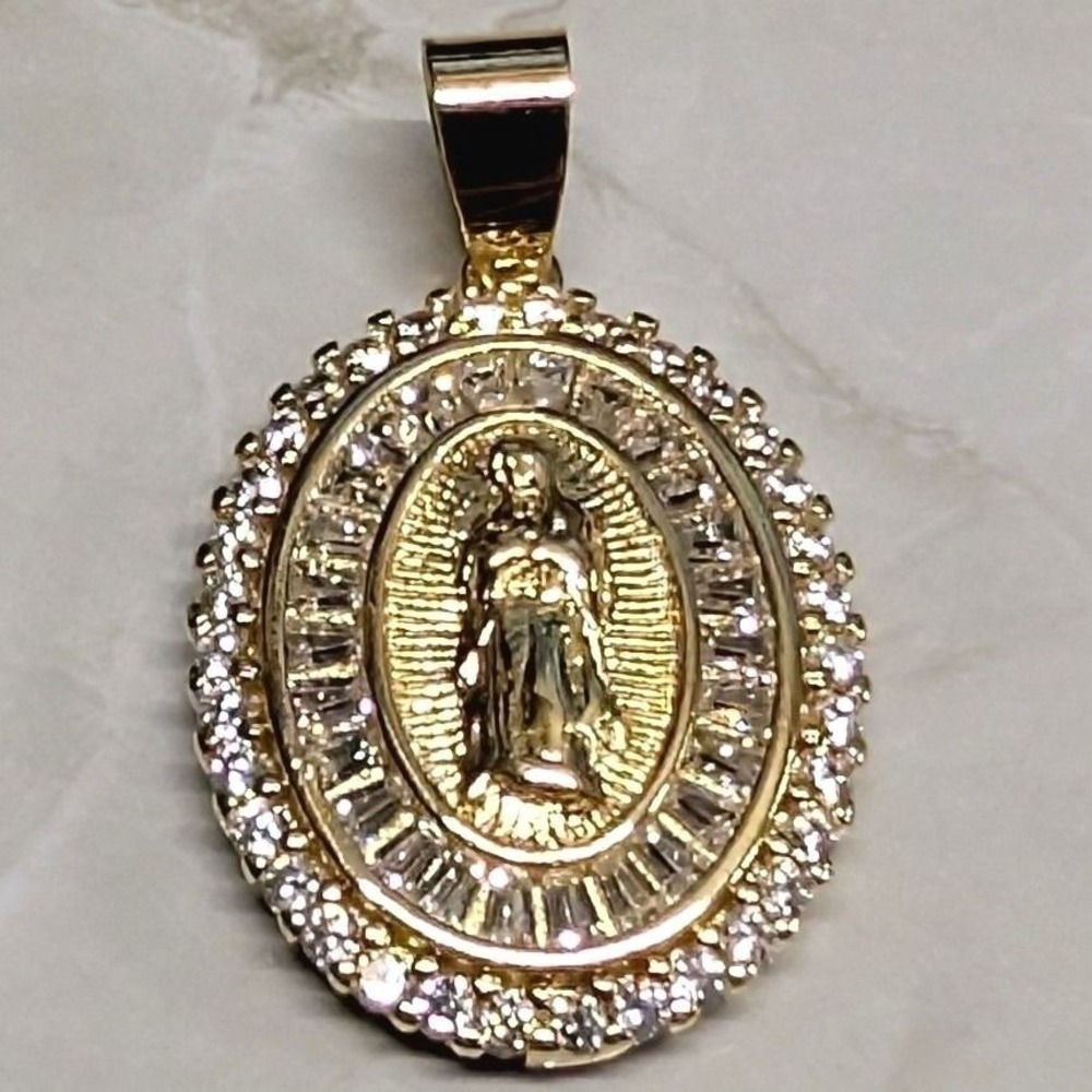 New Virgin Mary Our Lady of Guadalupe Pendant Gold Flashed Clear Rhinestones CZs